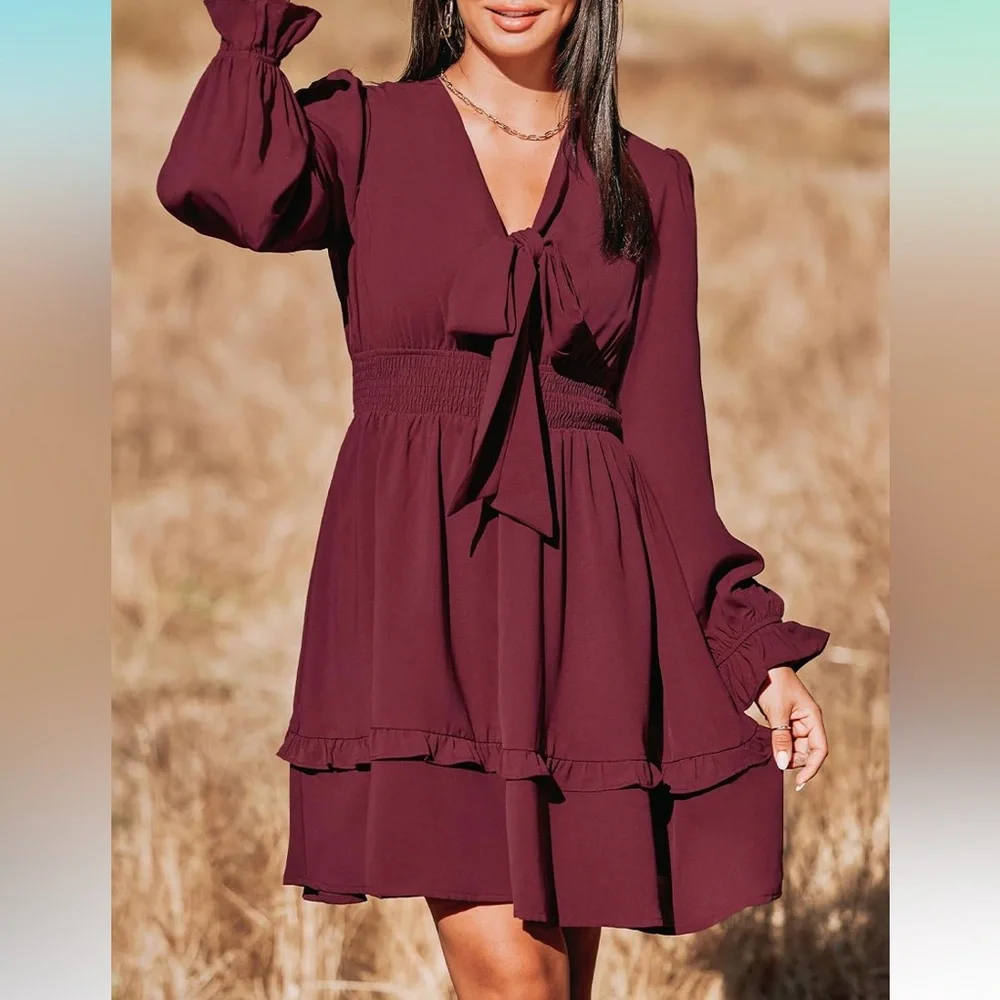 Summer Deep V‎ Neck Knotted Tiered Chiffon Elegant Mini Short Swing Skater Dress
